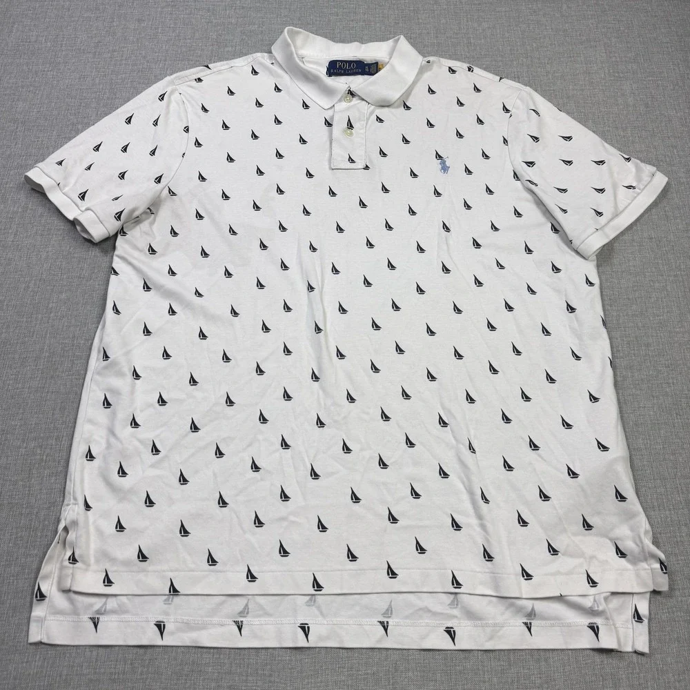 Polo Ralph Lauren Sailboat Print Polo Shirt Mens XL White Embroidered Pony